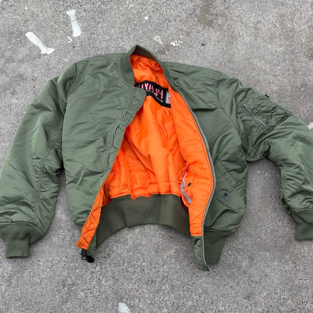 Olive Green Bomber Jacket with Orange Lining